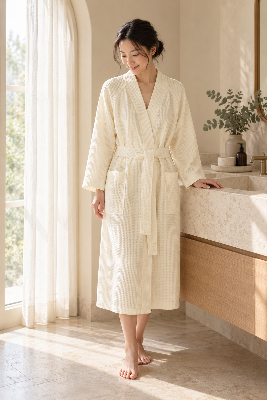 Marc waffle bathrobe in Ecru, worn by a Japanese woman in a warm elegant bathroom — original flat collar, matching belt and patch pockets