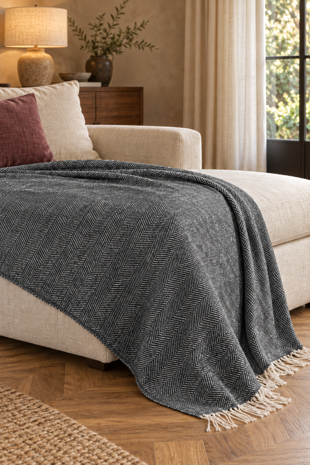 Nevada Anthracite blanket — fine herringbone weave and ivory fringe, draped over a cream chaise in a warm living room