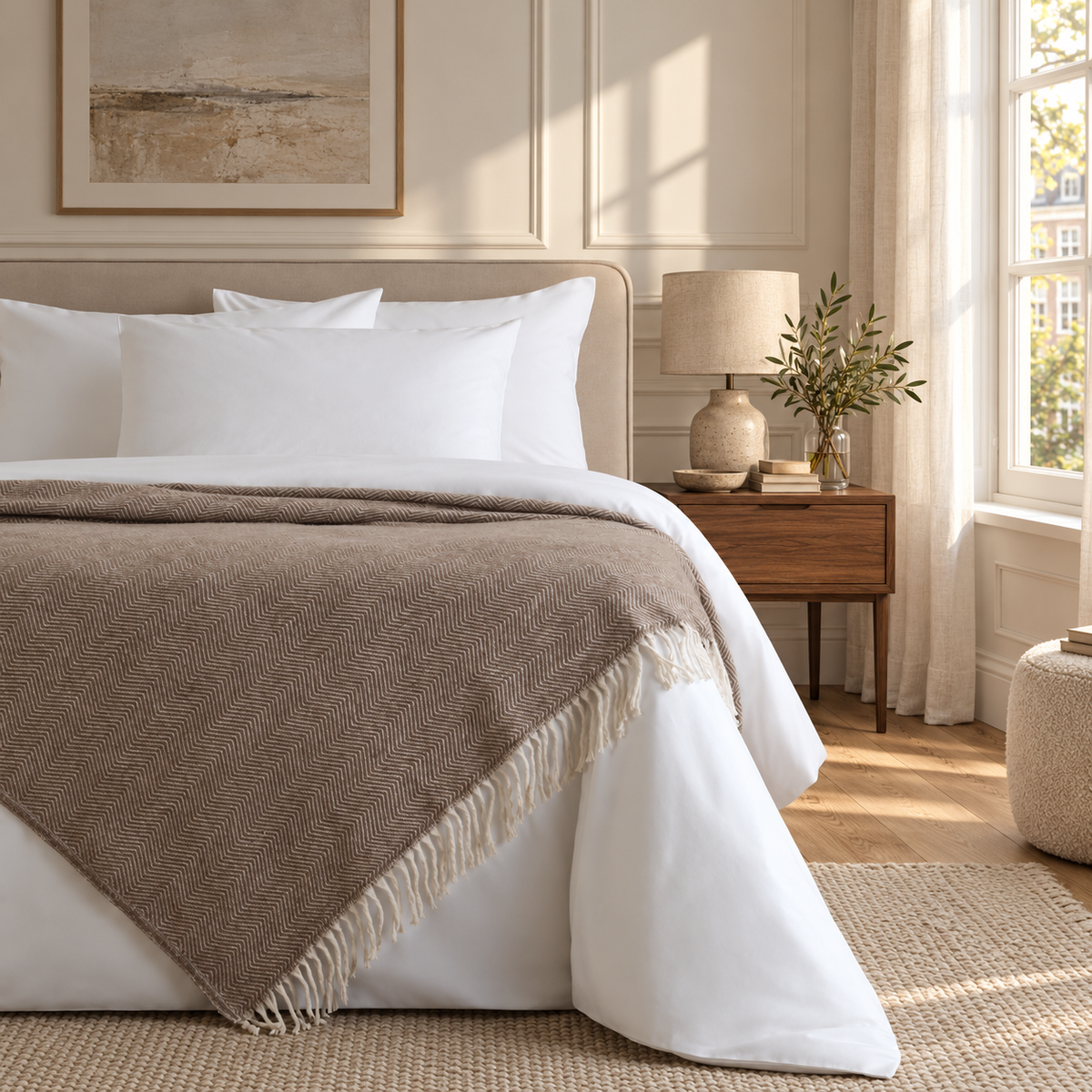 Nevada Dark Beige blanket — warm Dutch bedroom lifestyle, fine herringbone and fringed edges