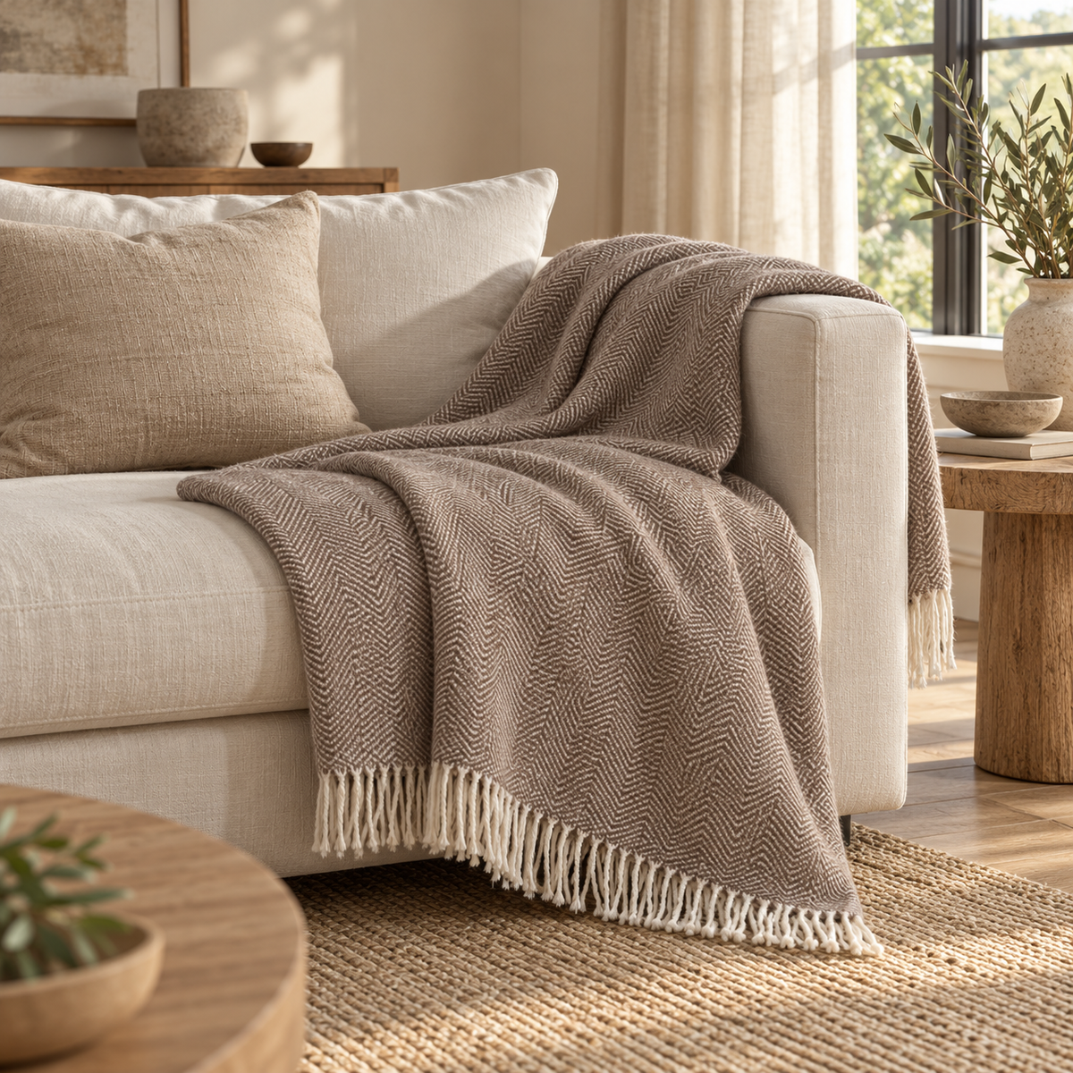 Nevada Dark Beige blanket — warm Dutch living-room lifestyle, fine herringbone and fringed edges