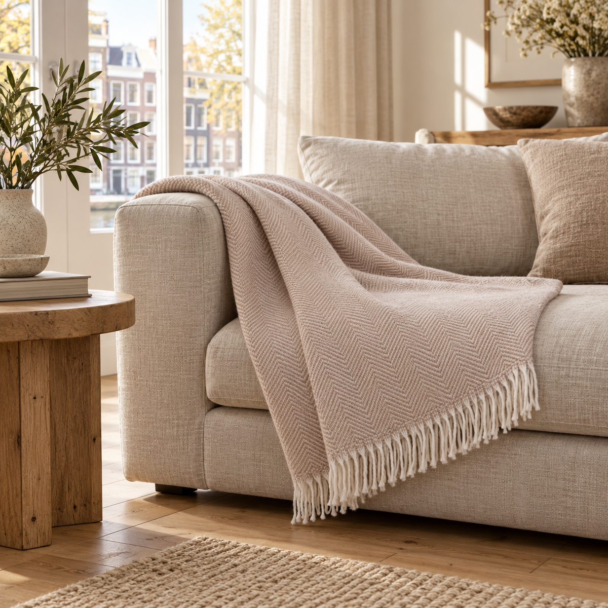 Nevada Light Beige blanket — warm Dutch living-room lifestyle, fine herringbone and fringed edges