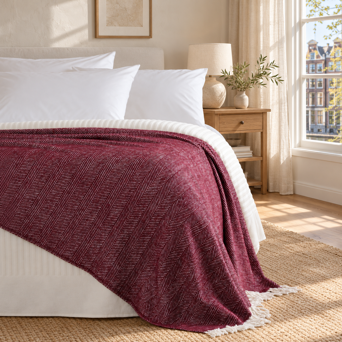 Nevada Plum blanket — warm Dutch bedroom lifestyle, fine herringbone and fringed edges