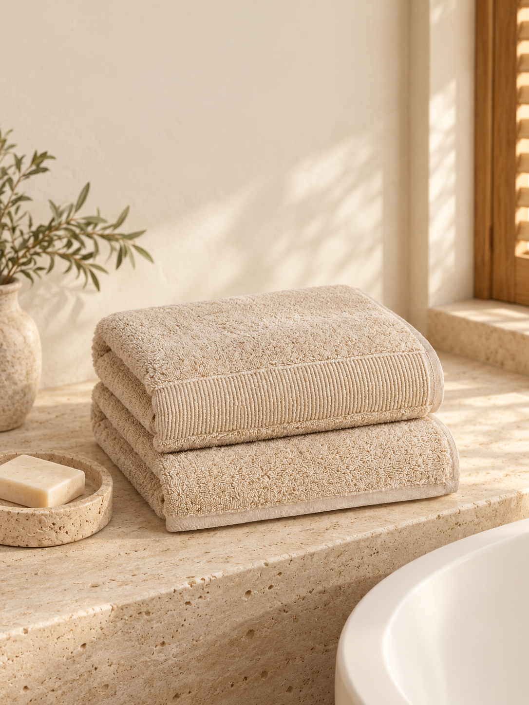 Pavia Home luan beige — folded products in a warm bathroom, no people