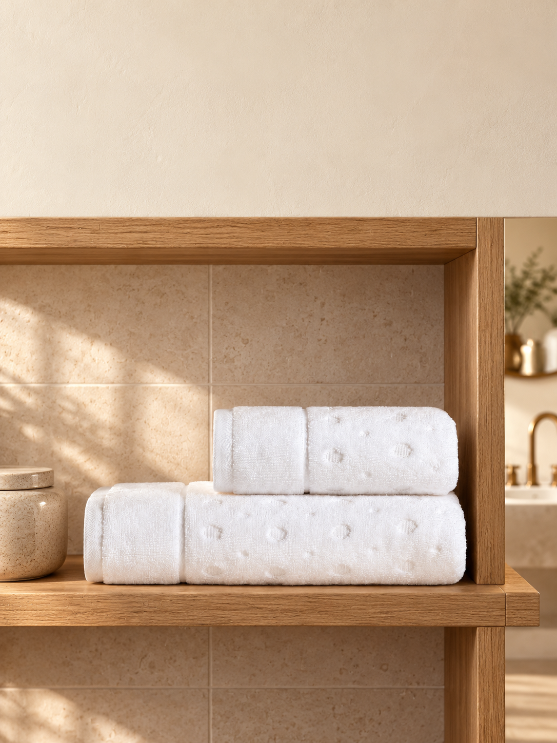 Pavia Home bernardo white — folded products in a warm bathroom, no people