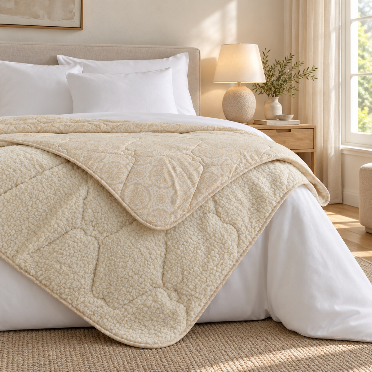 Verona ivory blanket, 150 × 200 cm, draped across a bed in a warm Dutch bedroom, showing its textured face, patterned reverse and rounded bound edges