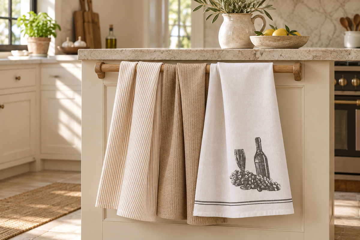 Pavia KT kitchen towels styled on a wooden rail in a sunlit kitchen