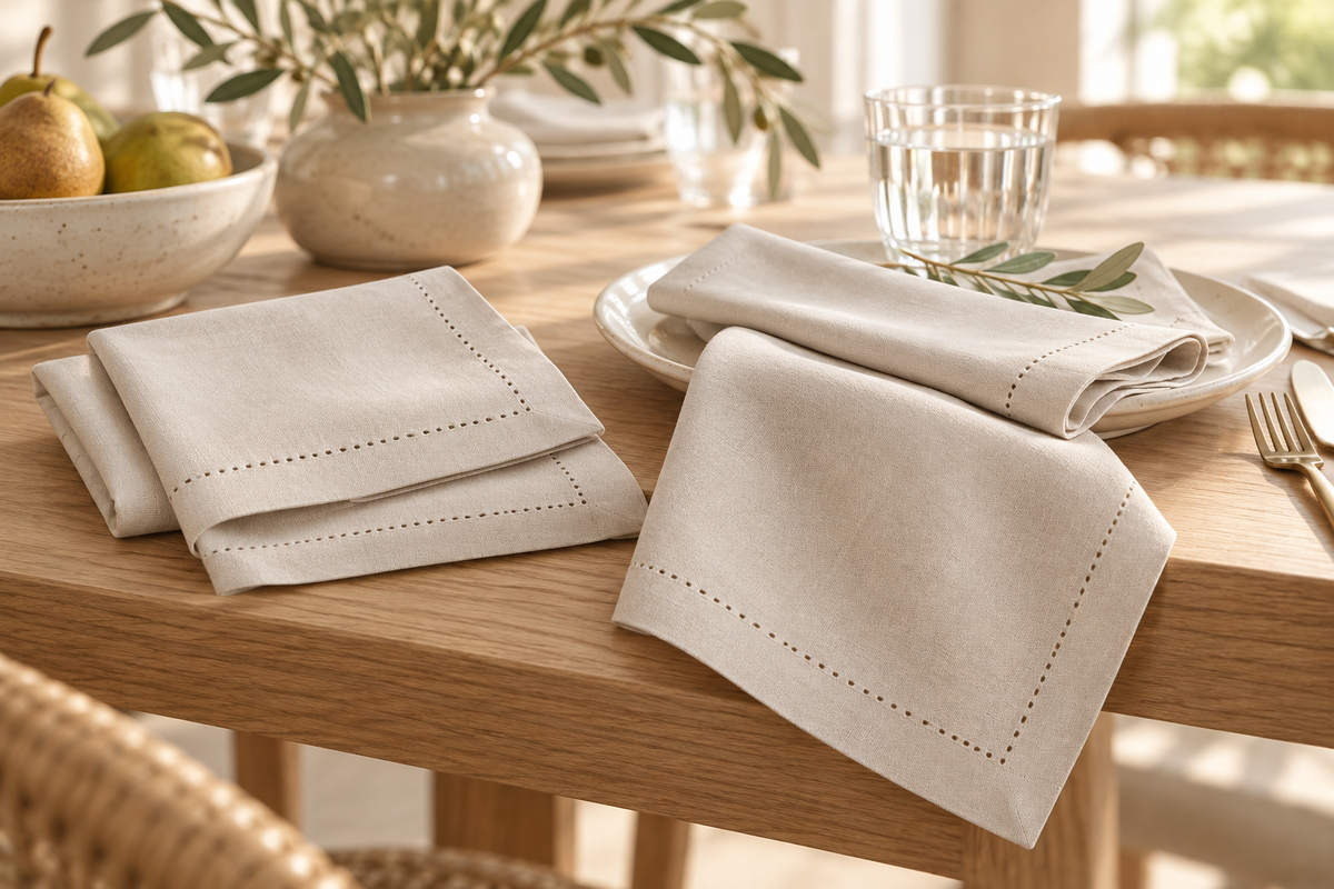 Jolly hemstitched napkins styled on an oak dining table in warm natural light