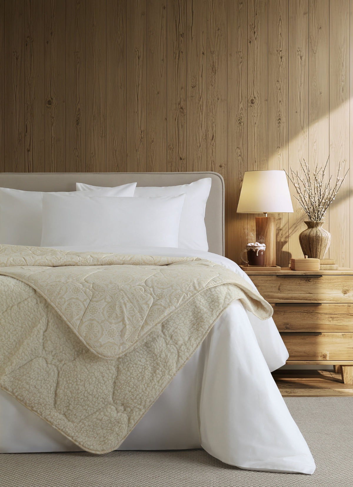 Verona blanket styled on a bed in a warm wooden bedroom