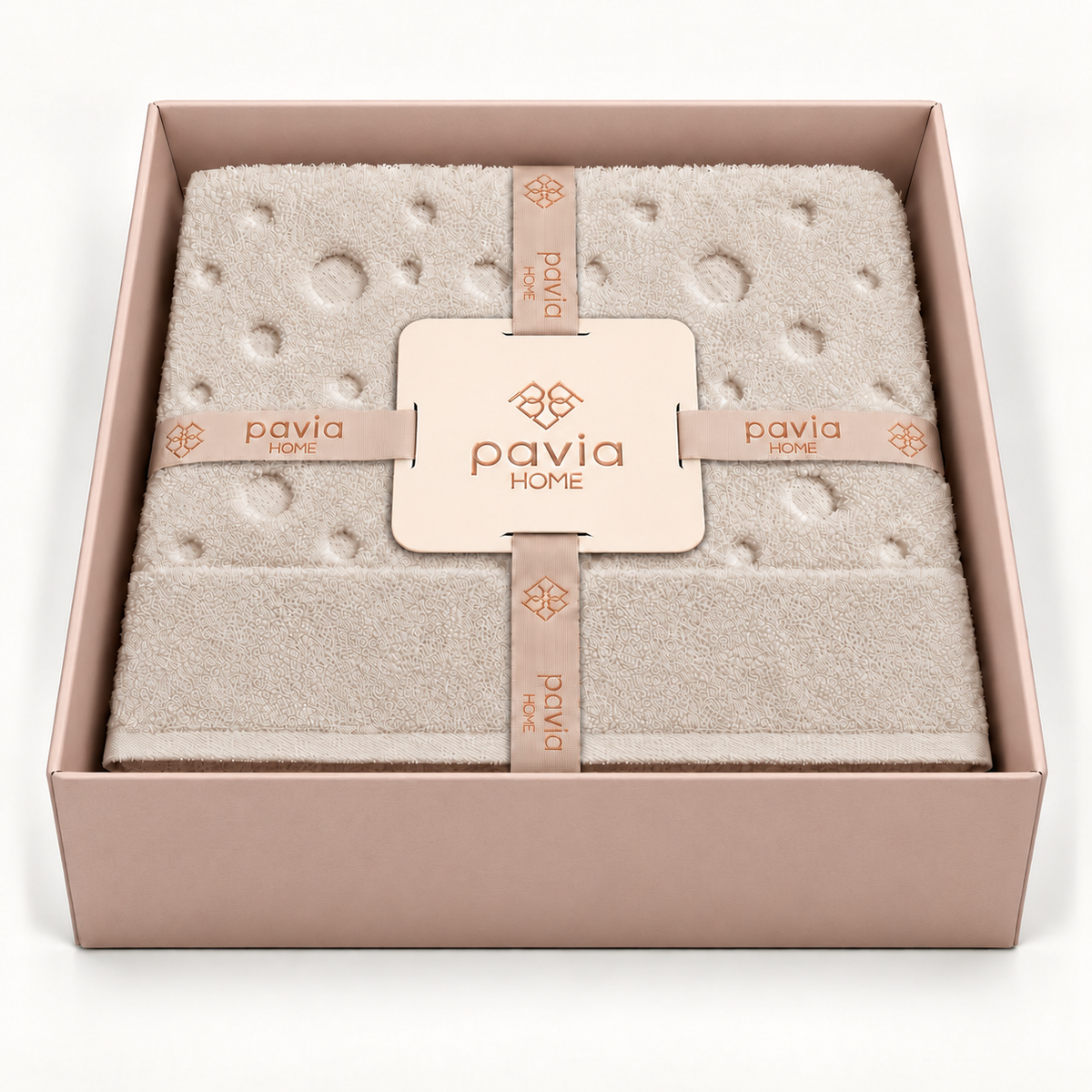 Bernardo towel set — Beige — open gift box — matte Jony packaging