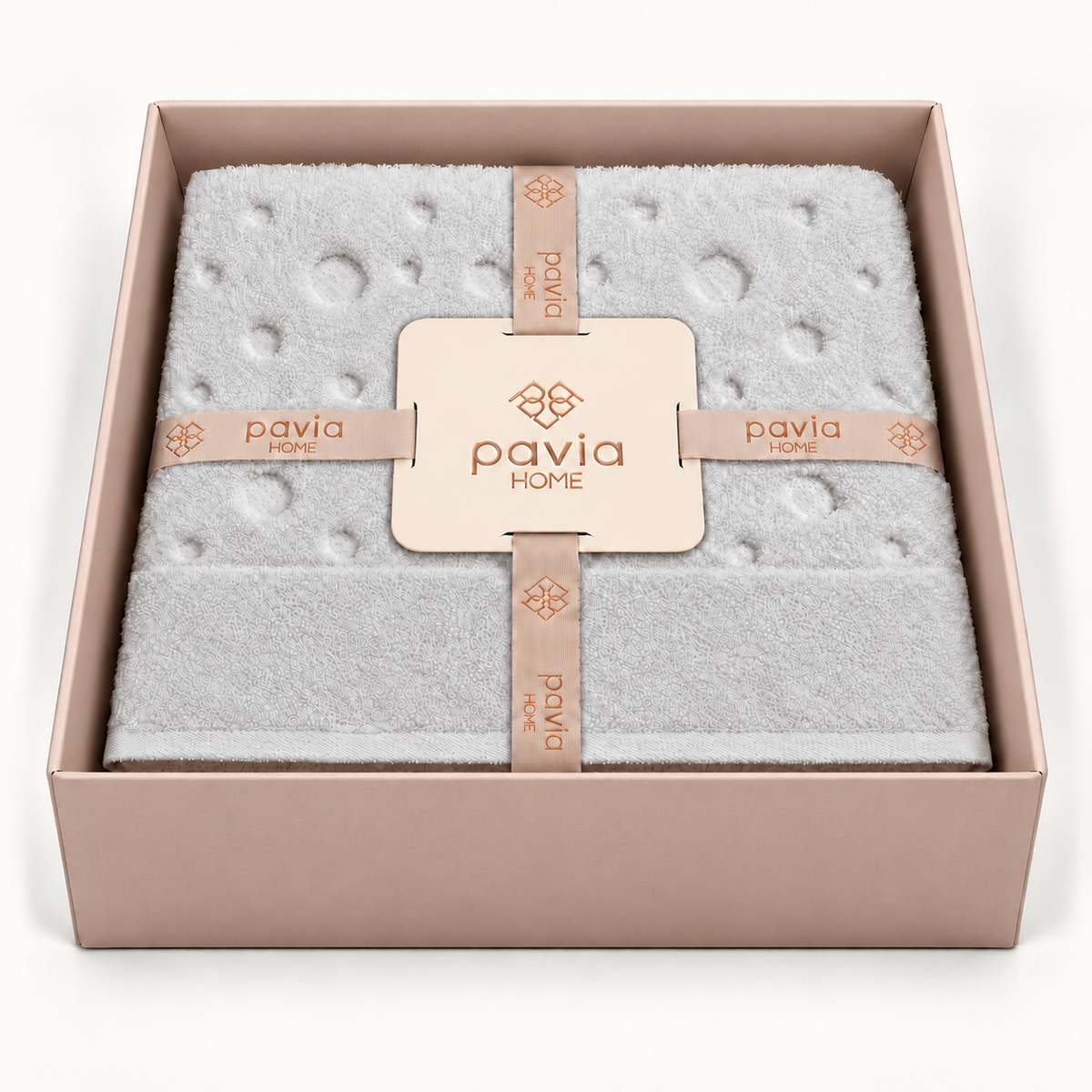 Bernardo towel set — Light Grey — open gift box — matte Jony packaging