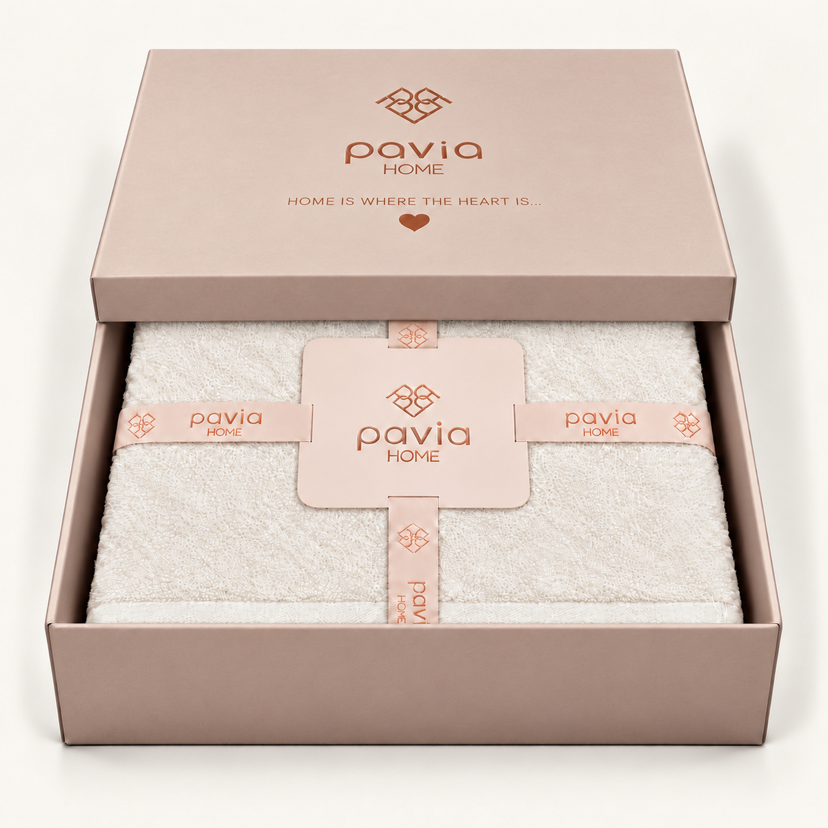 Nicol Ecru towel set in a Pavia Home gift box, half-closed lid