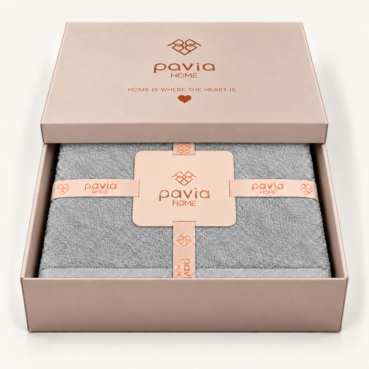 Nicol Grey towel set in a Pavia Home gift box, half-closed lid