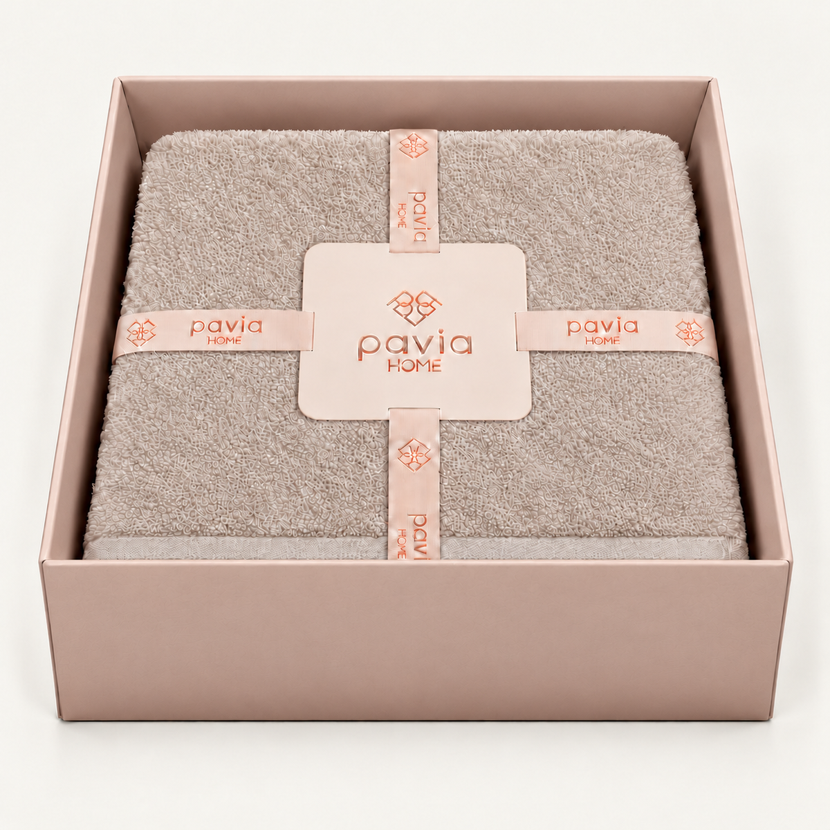 Nicol Beige towel set in a Pavia Home gift box, open box