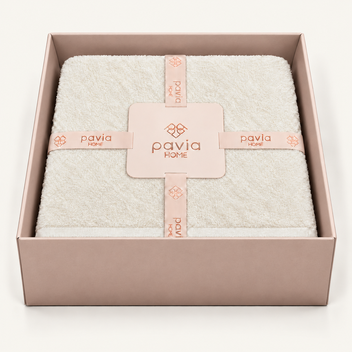 Nicol Ecru towel set in a Pavia Home gift box, open box