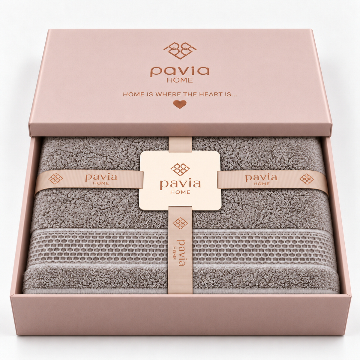 Pavia Home Vina towel set — Stone, gift box with half-closed lid