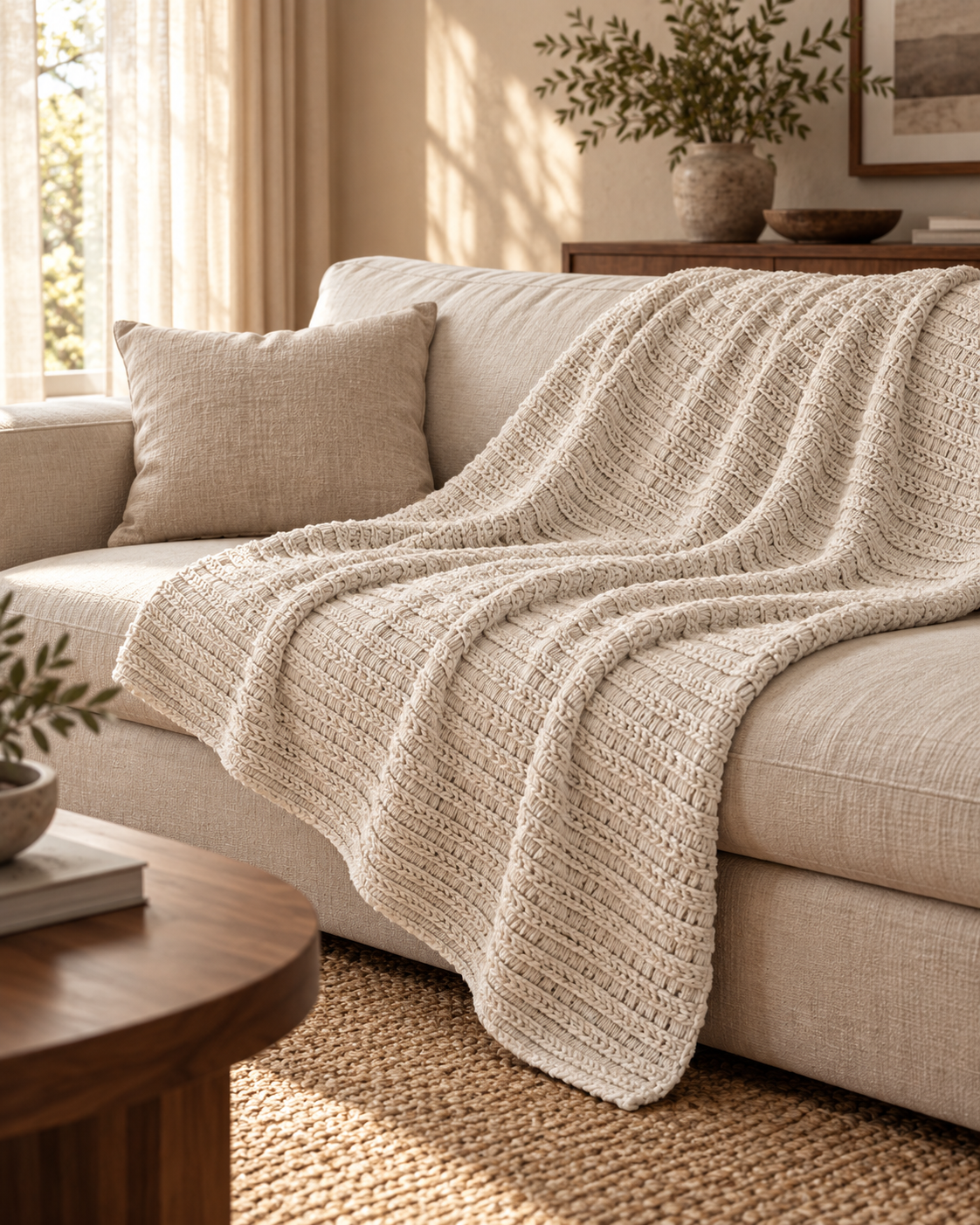 Pavia Home Amara ecru throw — single layer draped on a sofa, raised linear texture, warm living room