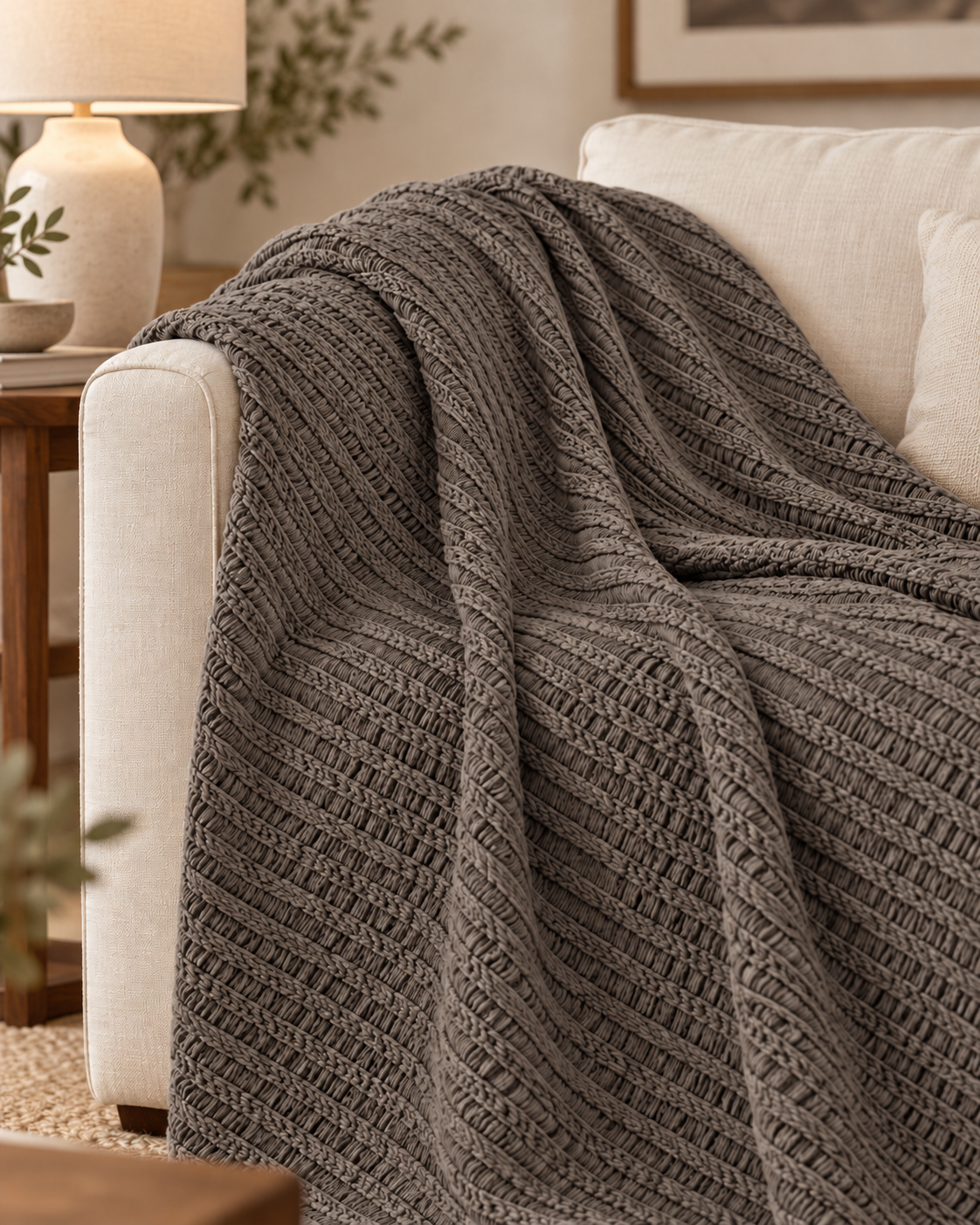 Pavia Home Amara grey throw — approved sofa lifestyle, raised linear ladder texture