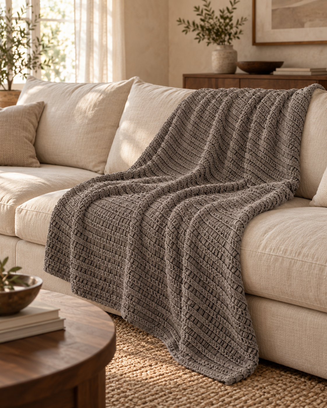 Pavia Home Amara grey throw — single layer draped on a sofa, raised linear texture, warm living room