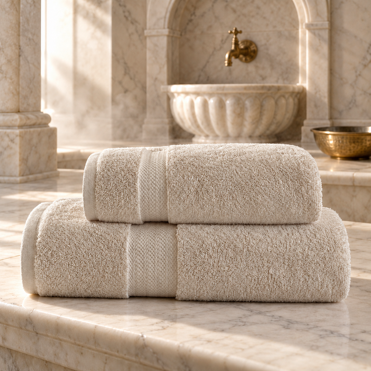 Pavia Home Anta towel set — Beige, folded towel pair in an elegant marble hammam