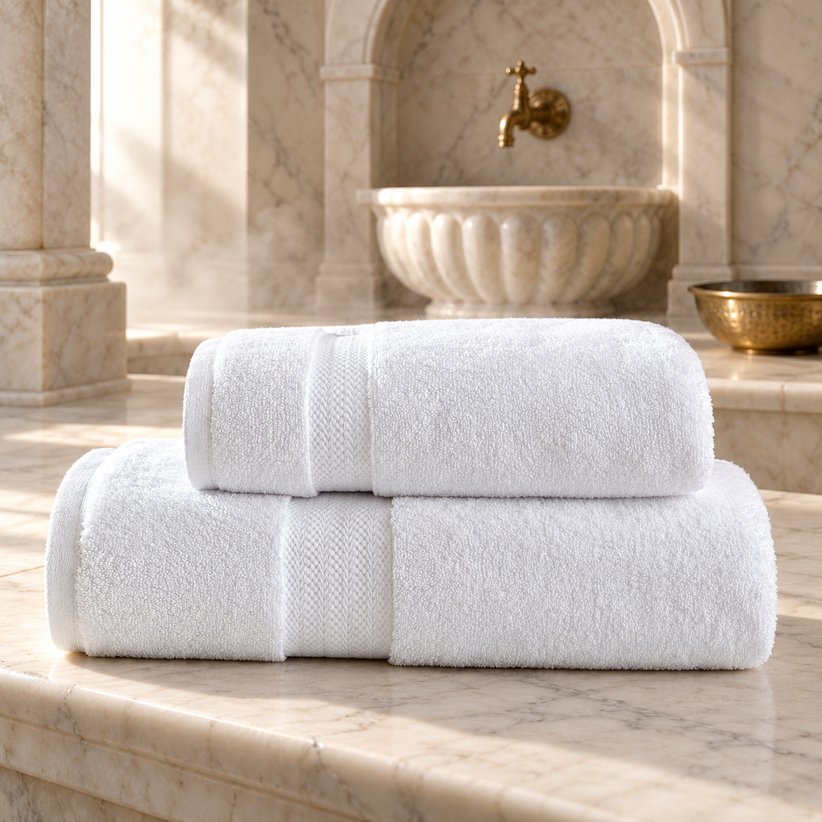 Pavia Home Anta towel set — White, folded towel pair in an elegant marble hammam