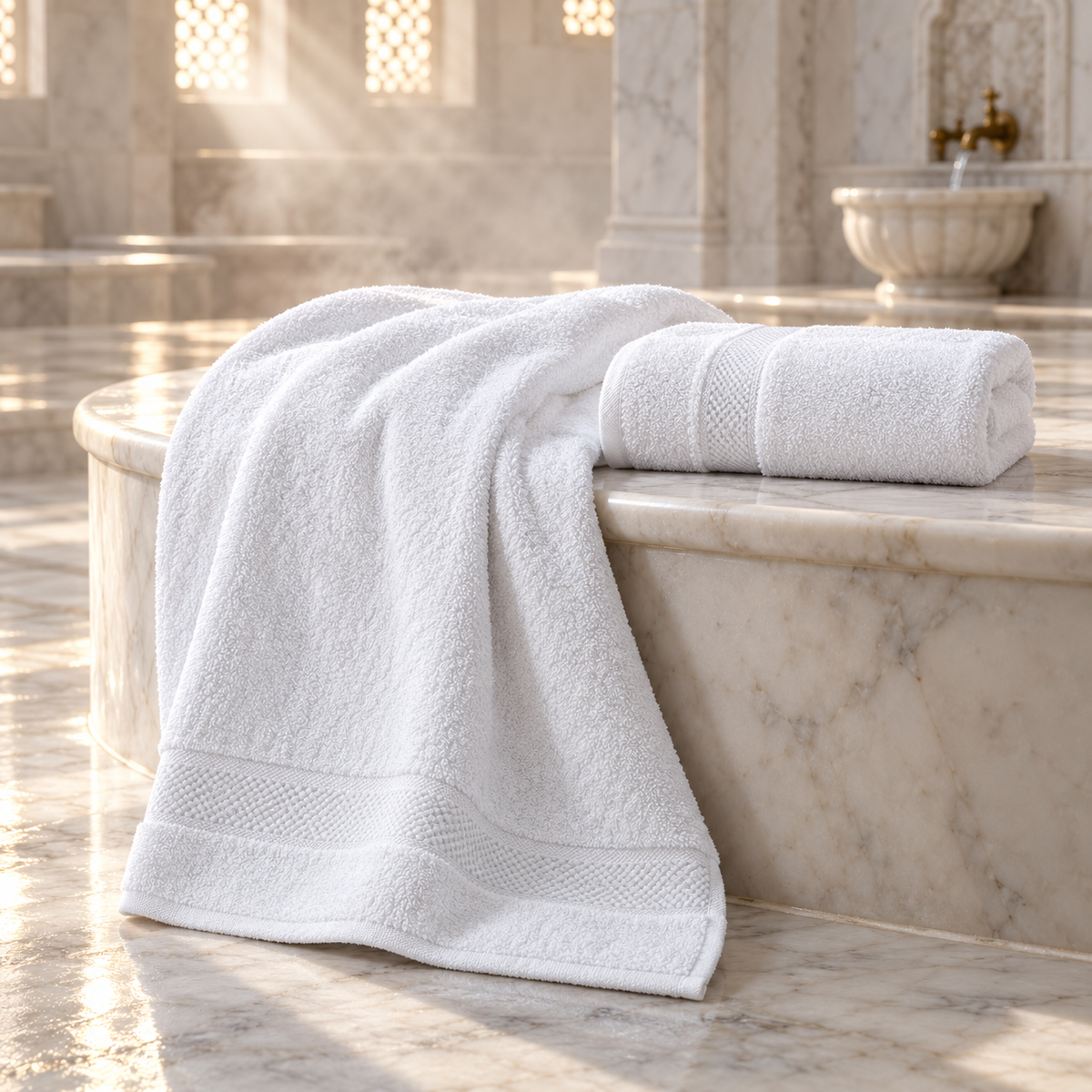 Pavia Home Anta towel set — White, towel pair draped over a marble hammam platform