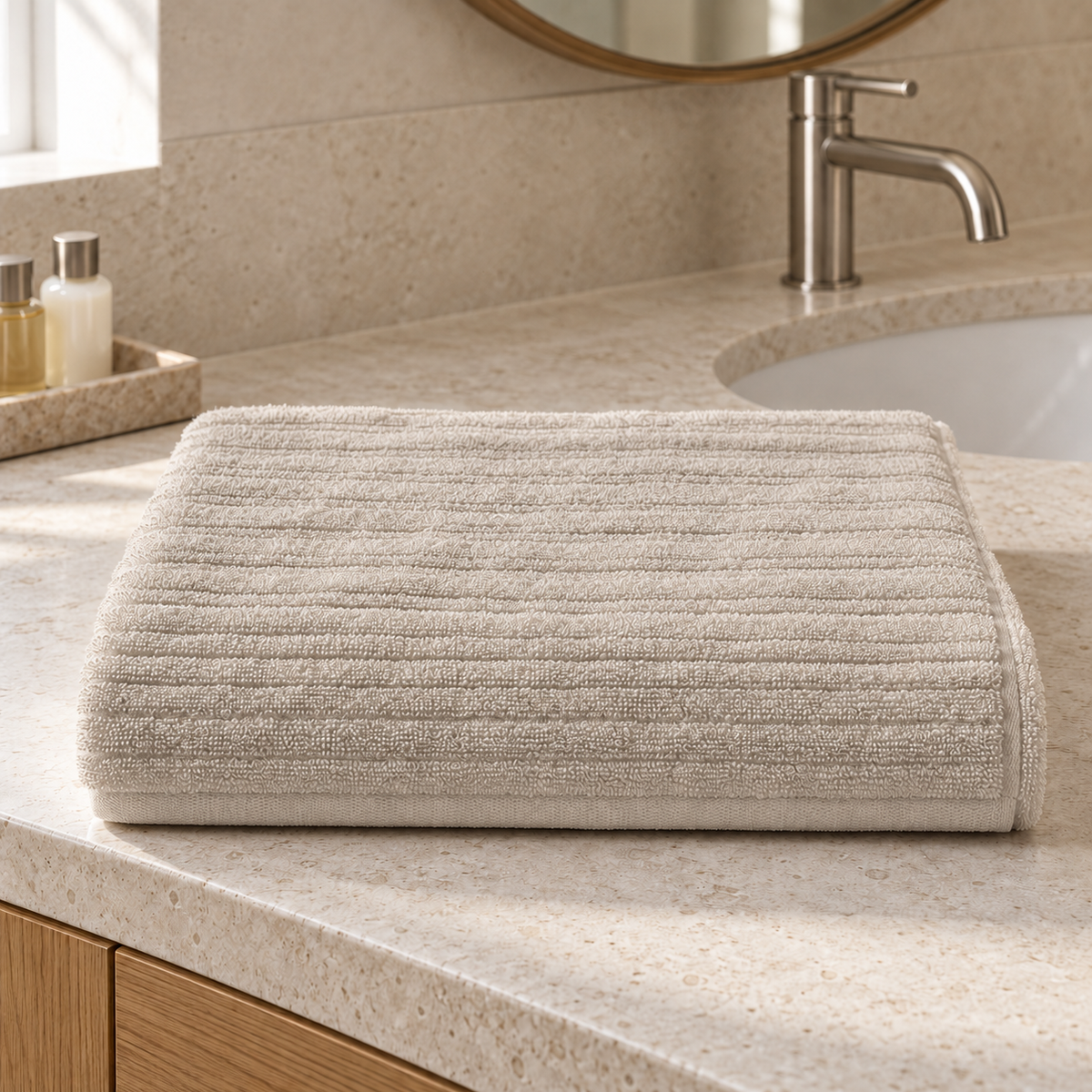 Pavia Home Aviola towel set — Beige, folded towel in an elegant hotel bathroom