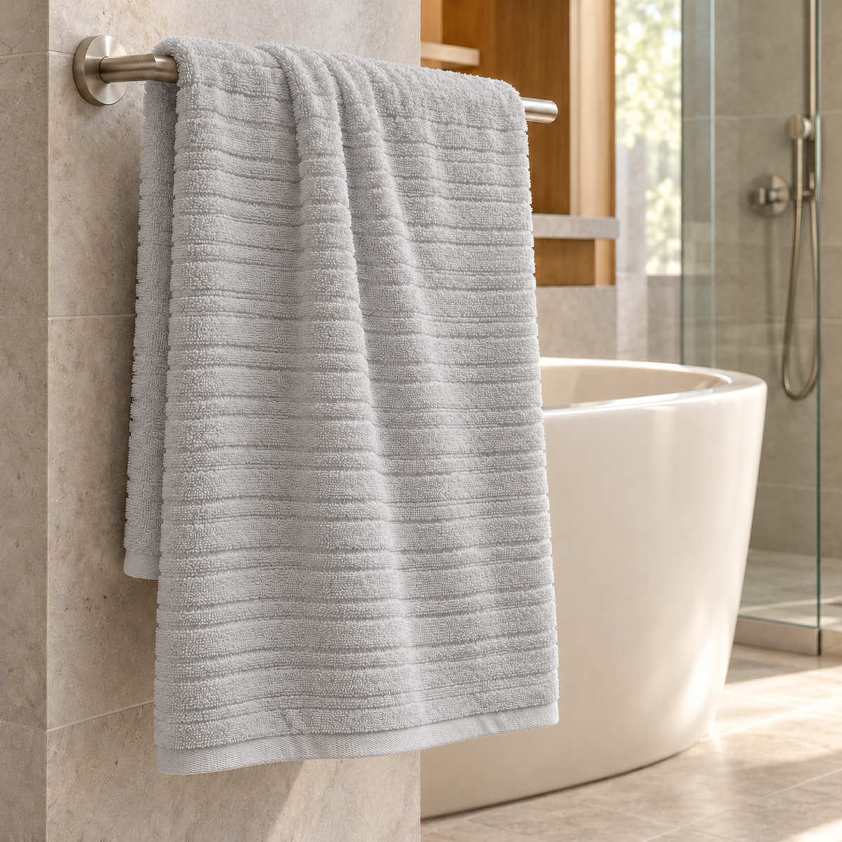 Pavia Home Aviola towel set — Grey, towel beside a bathtub in an elegant hotel bathroom