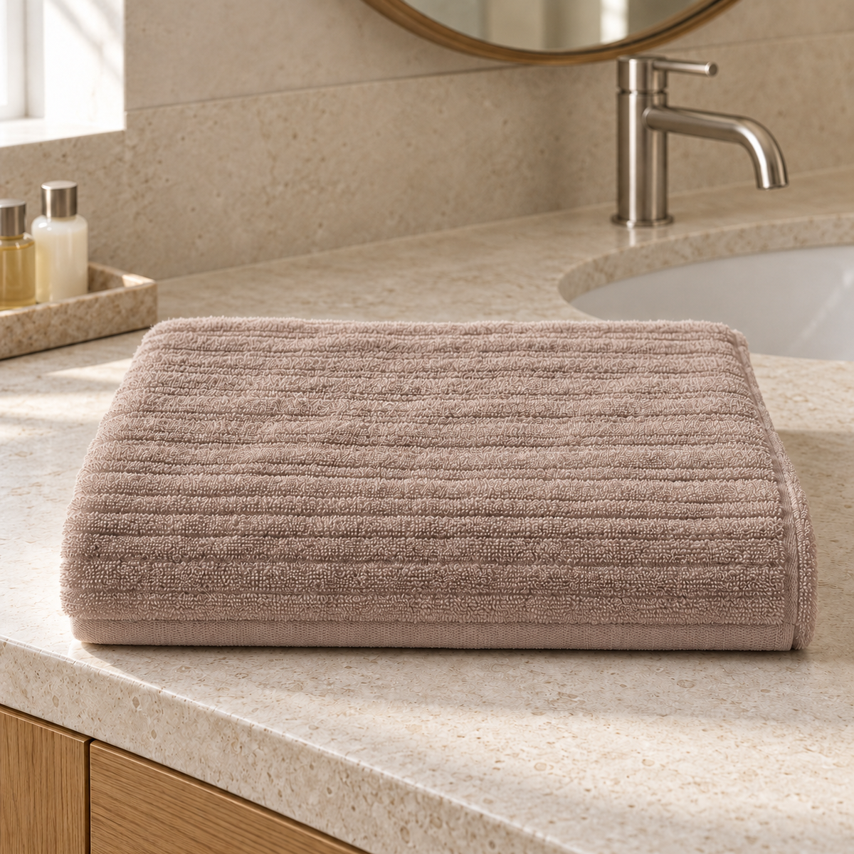 Pavia Home Aviola towel set — Quartz, folded towel in an elegant hotel bathroom