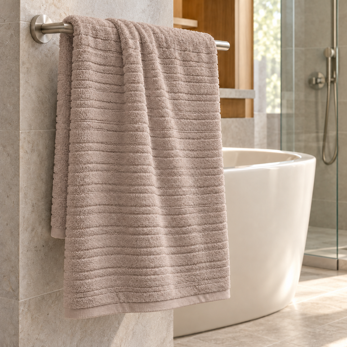 Pavia Home Aviola towel set — Quartz, towel beside a bathtub in an elegant hotel bathroom