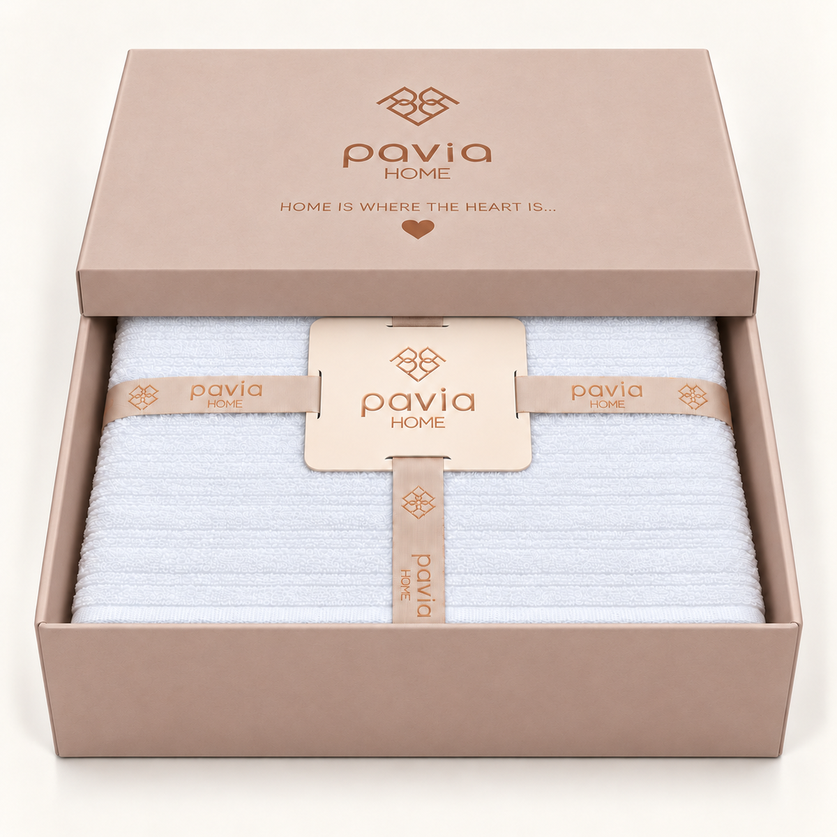 Pavia Home Aviola towel set — White, matte gift box with half-closed lid