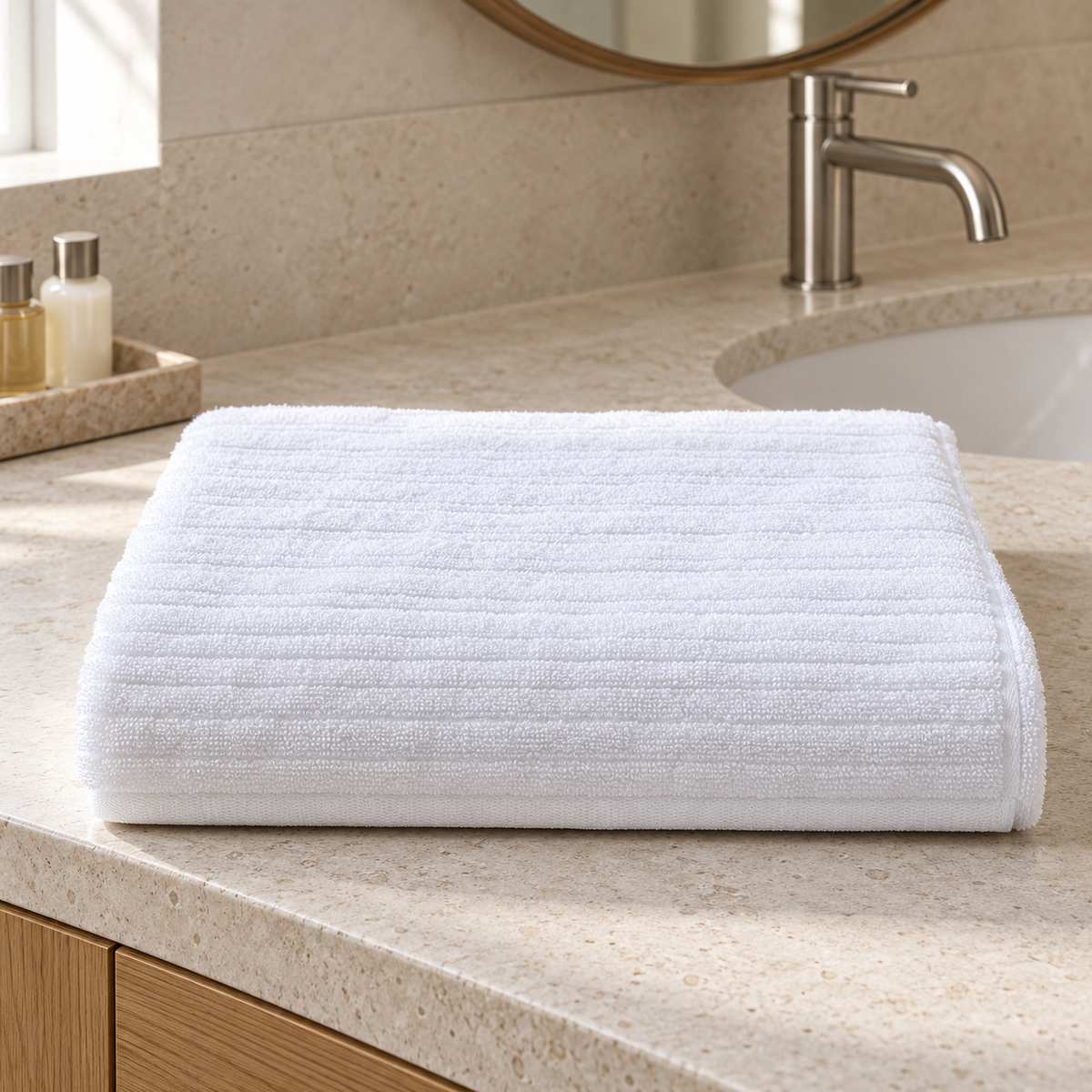Pavia Home Aviola towel set — White, folded towel in an elegant hotel bathroom