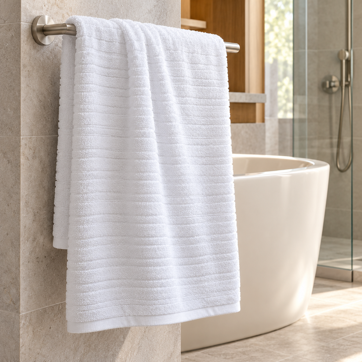 Pavia Home Aviola towel set — White, towel beside a bathtub in an elegant hotel bathroom