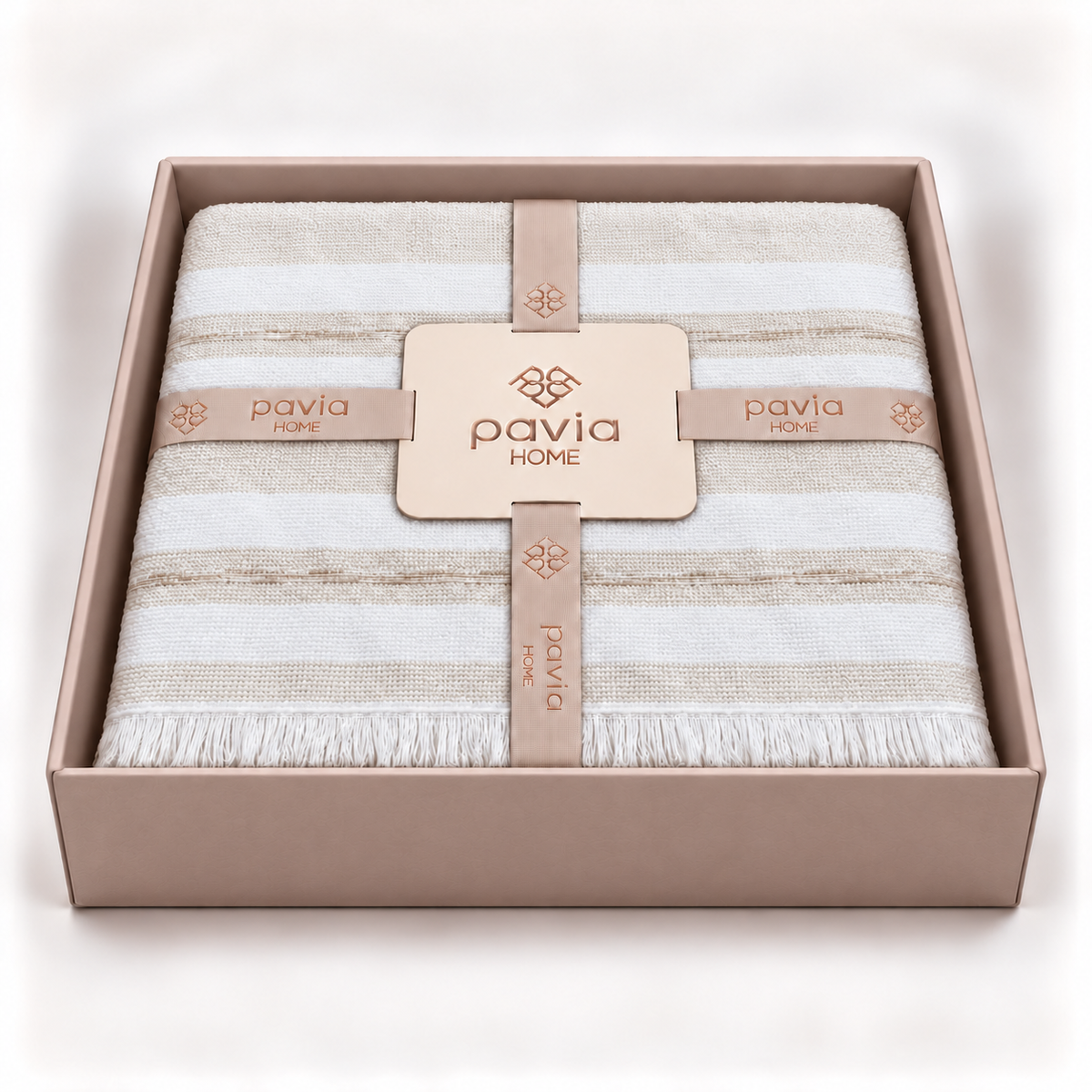 Pavia Home Barlet towel set — beige, open matte gift box, striped cotton and fringed edge