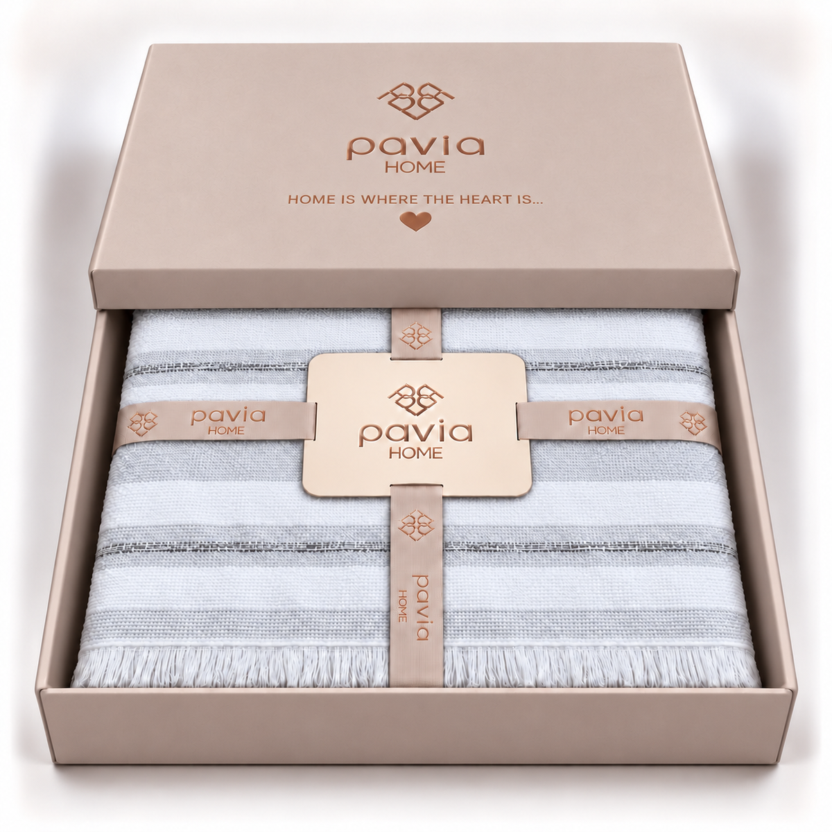 Pavia Home Barlet towel set — grey, matte gift box with a partially closed lid, striped cotton and fringed edge