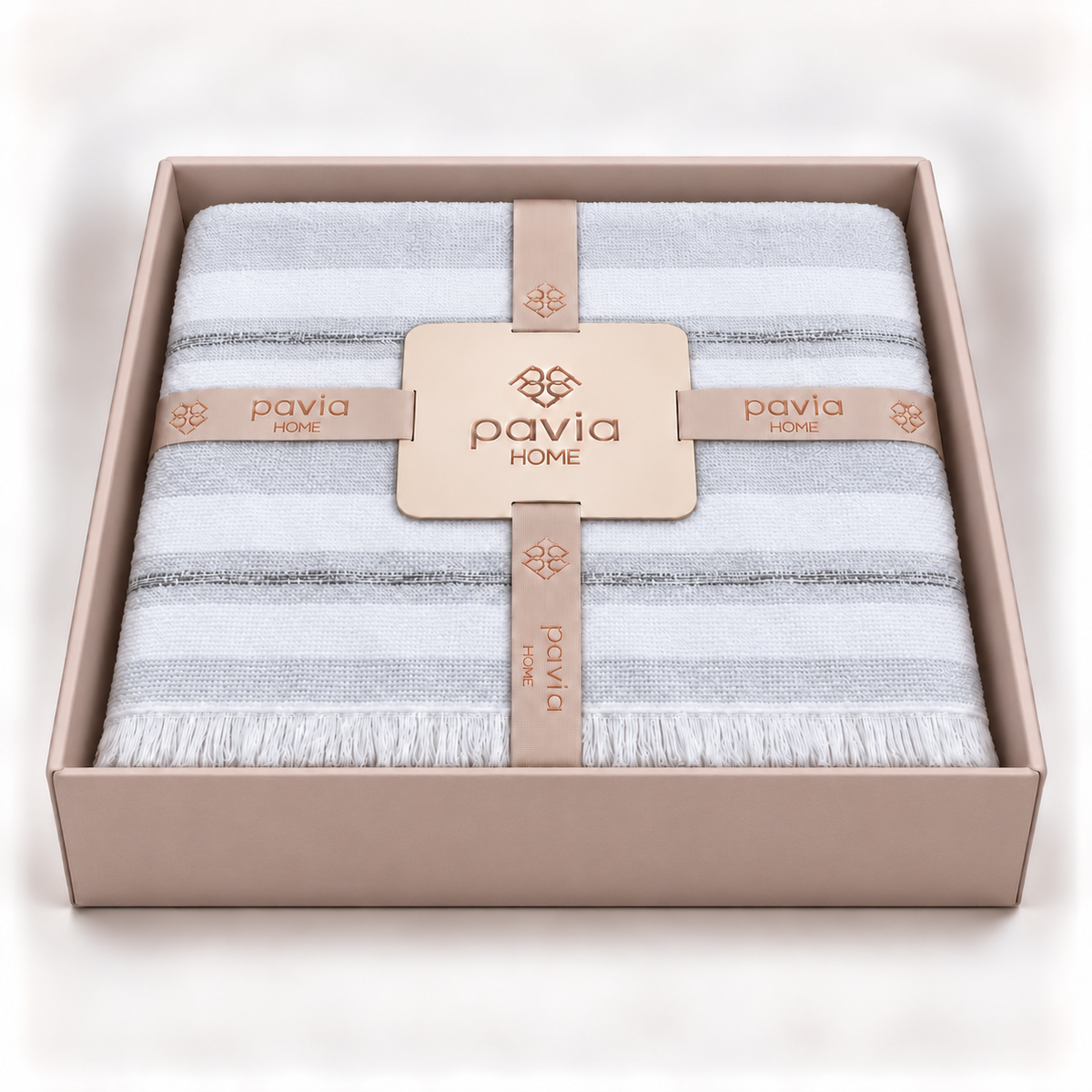 Pavia Home Barlet towel set — grey, open matte gift box, striped cotton and fringed edge