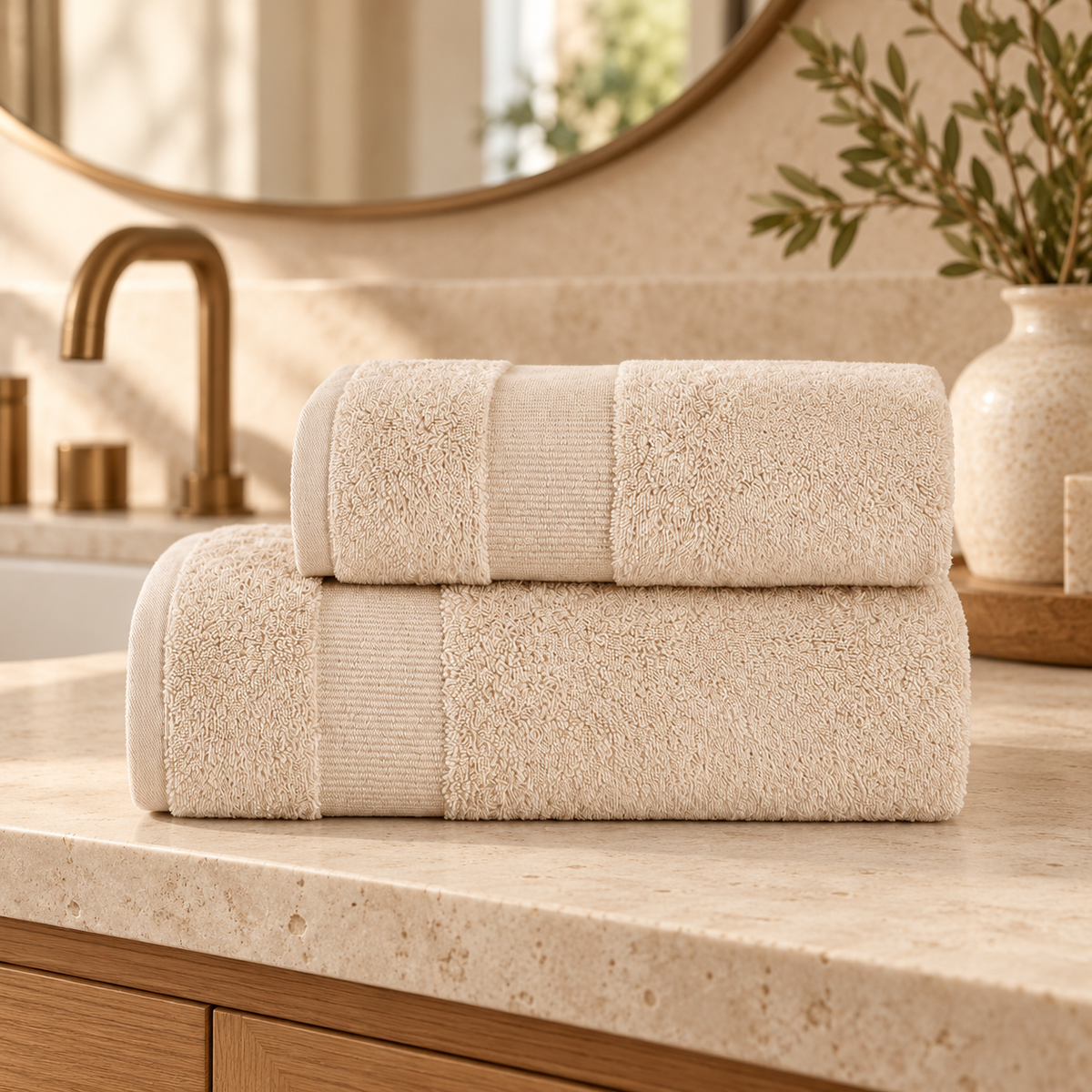 Two beige Luan towels with a broad ribbed border on a stone vanity in a warm bathroom.