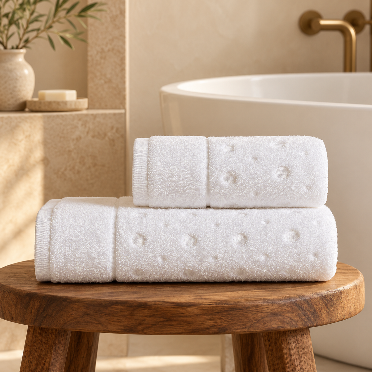 Two white Bernardo towels with circular motifs on a wooden stool beside a bathtub.