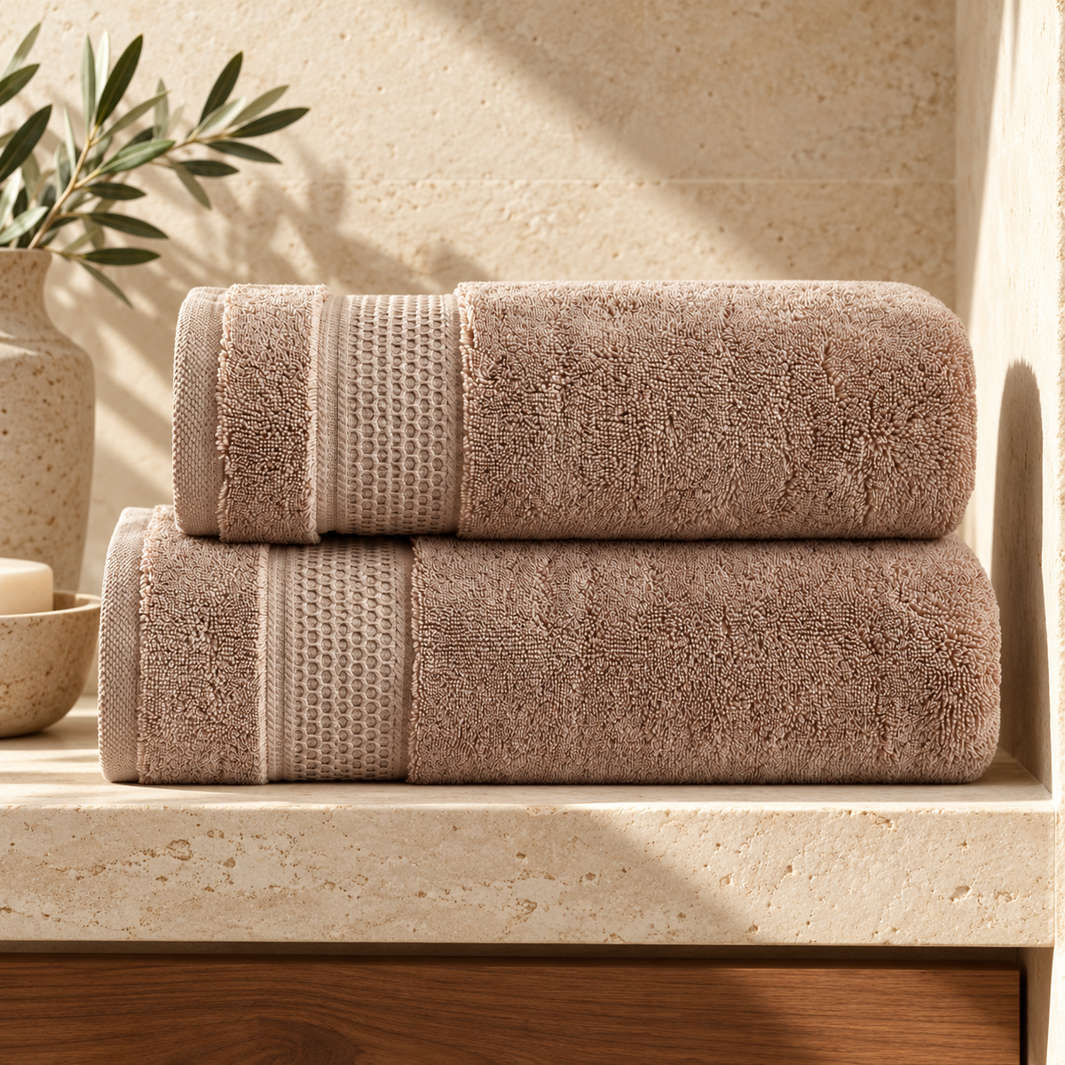 Two quartz Vina towels with floral terry and a geometric woven border in a stone bathroom niche.