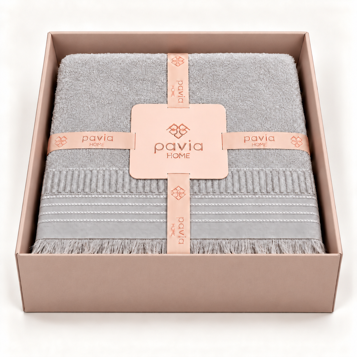 Boden grey towel set in a matte blush gift box, open lidless box with four woven stripes and natural fine fringe