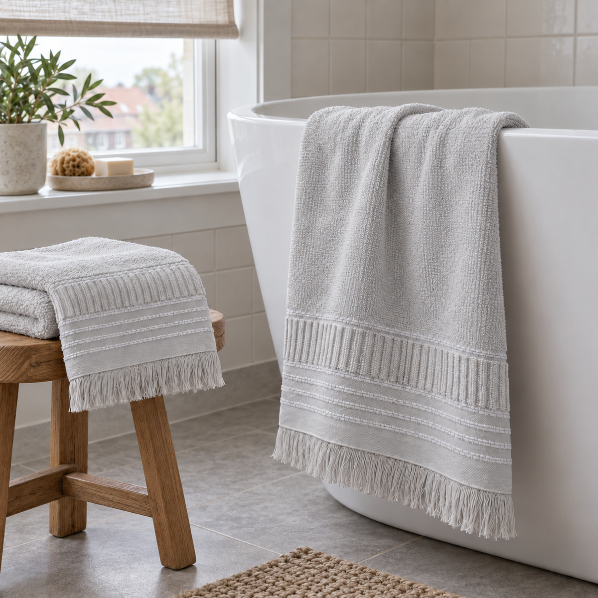 Boden grey cotton towel set draped beside a white bathtub and oak stool in a naturally lit Dutch home bathroom