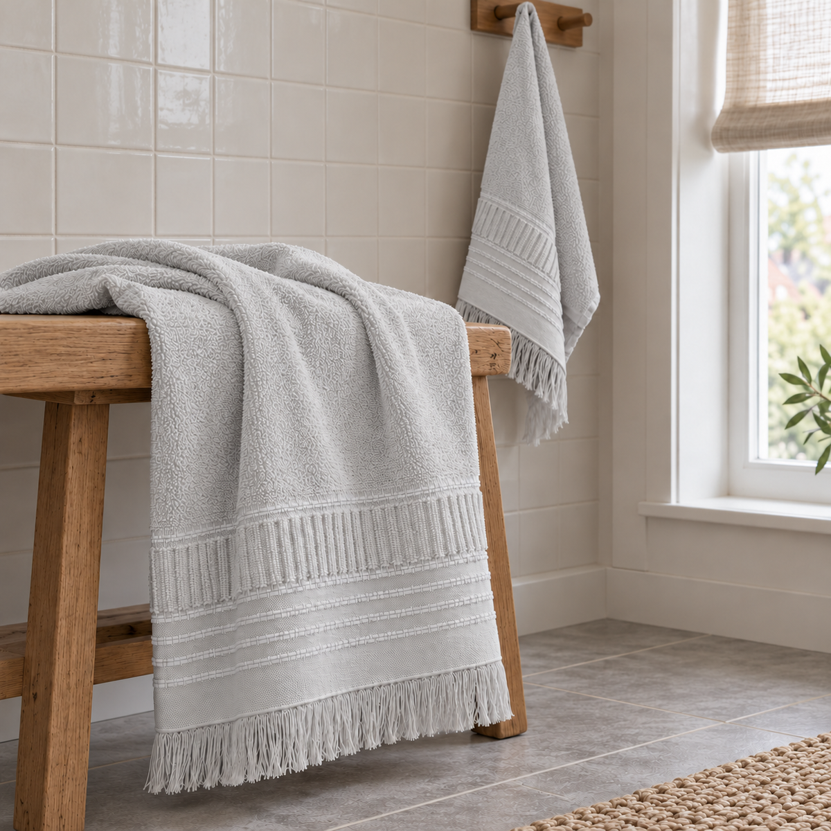 Boden grey cotton towel set draped over an oak bench and wall peg beside a window in a naturally lit Dutch home bathroom