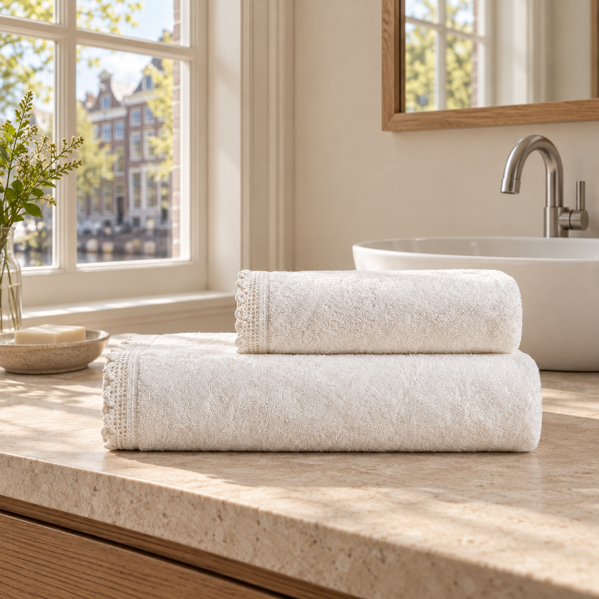 Pavia Home Carnia towel set — Coconut Milk, two folded towels in a warm Dutch bathroom