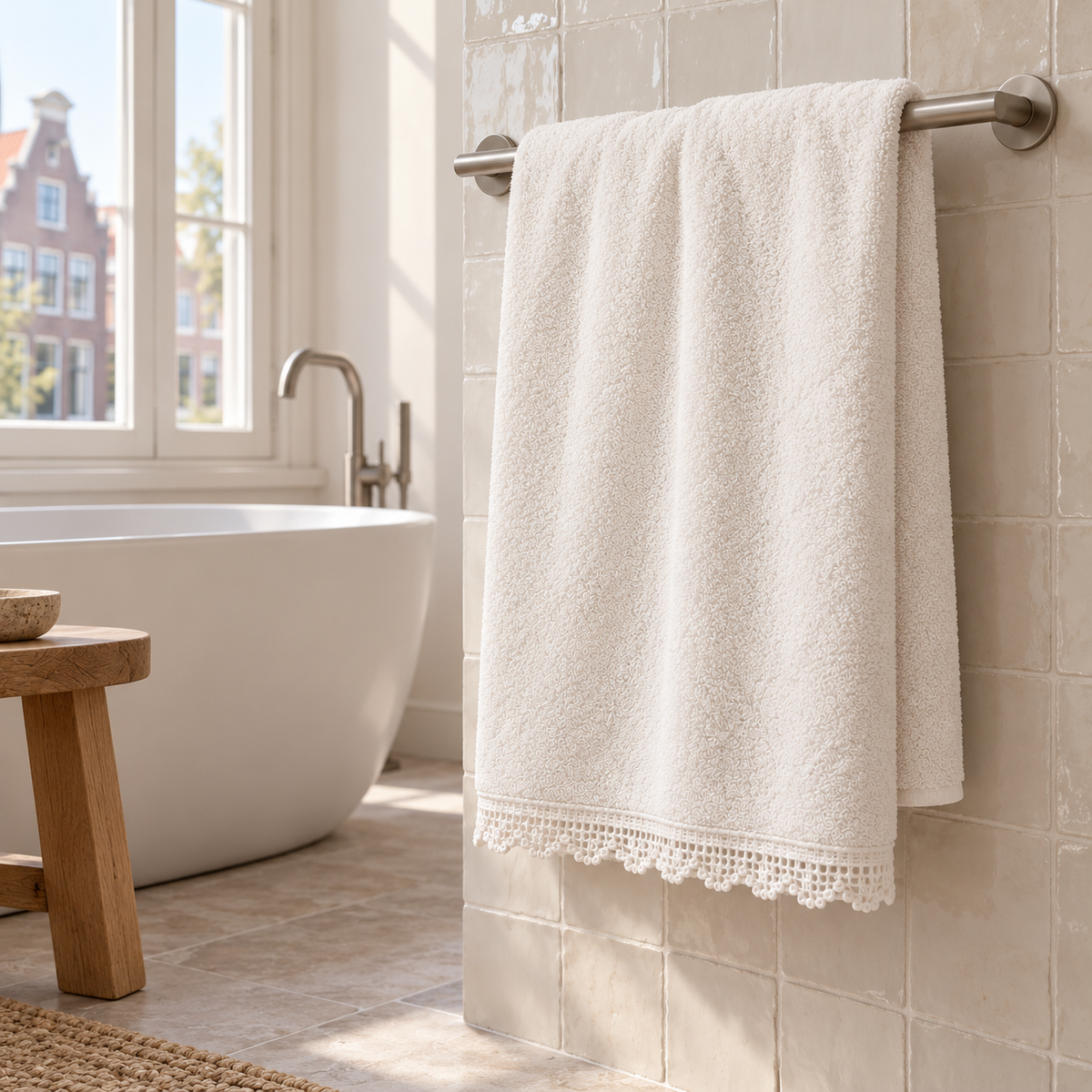 Pavia Home Carnia towel set — Coconut Milk, towel hanging beside a bathtub in an elegant Dutch bathroom