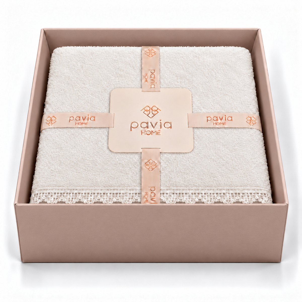 Pavia Home Carnia towel set — Coconut Milk, open matte gift box