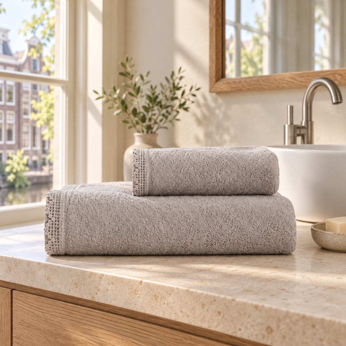 Pavia Home Carnia towel set — Grey, two folded towels in a warm Dutch bathroom