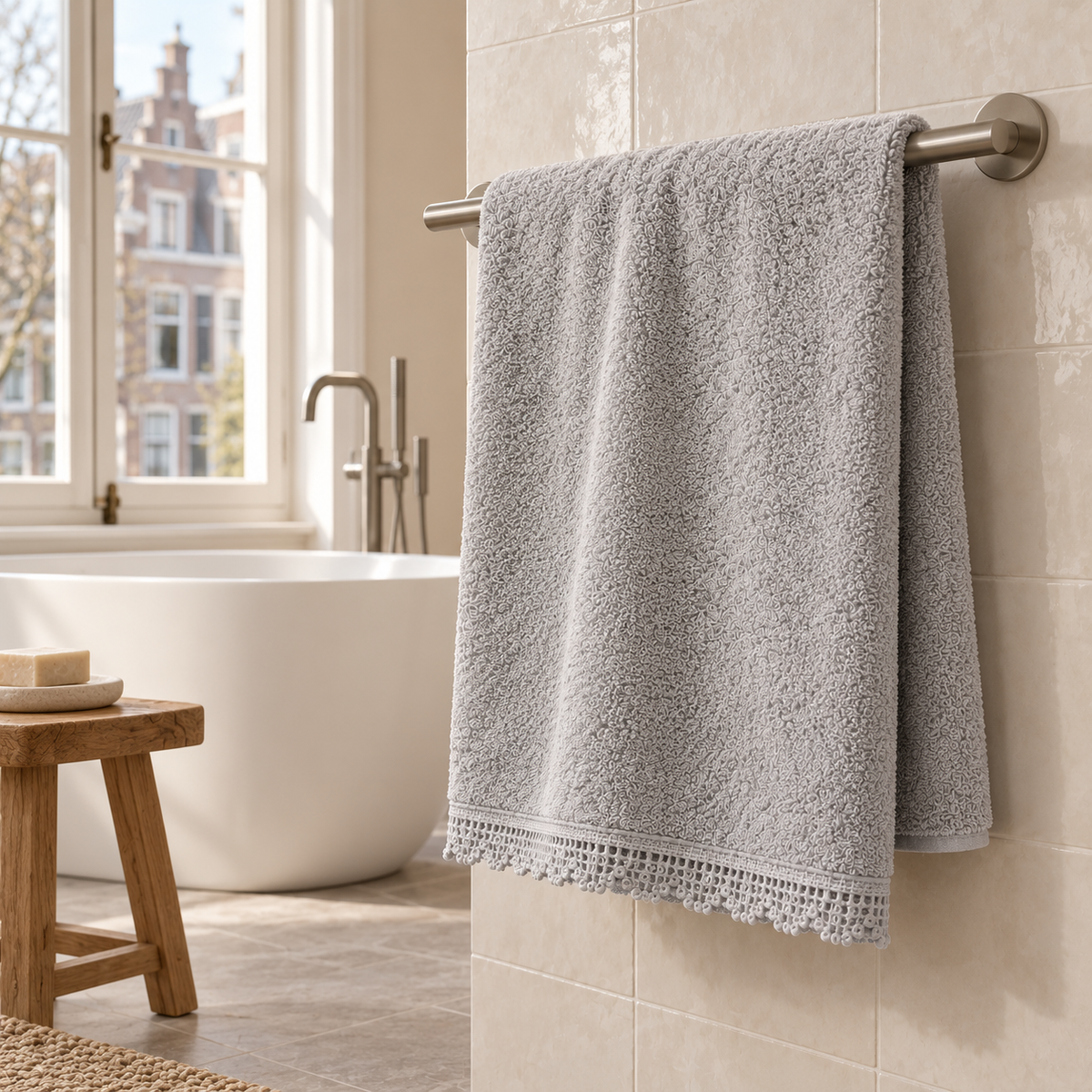Pavia Home Carnia towel set — Grey, towel hanging beside a bathtub in an elegant Dutch bathroom