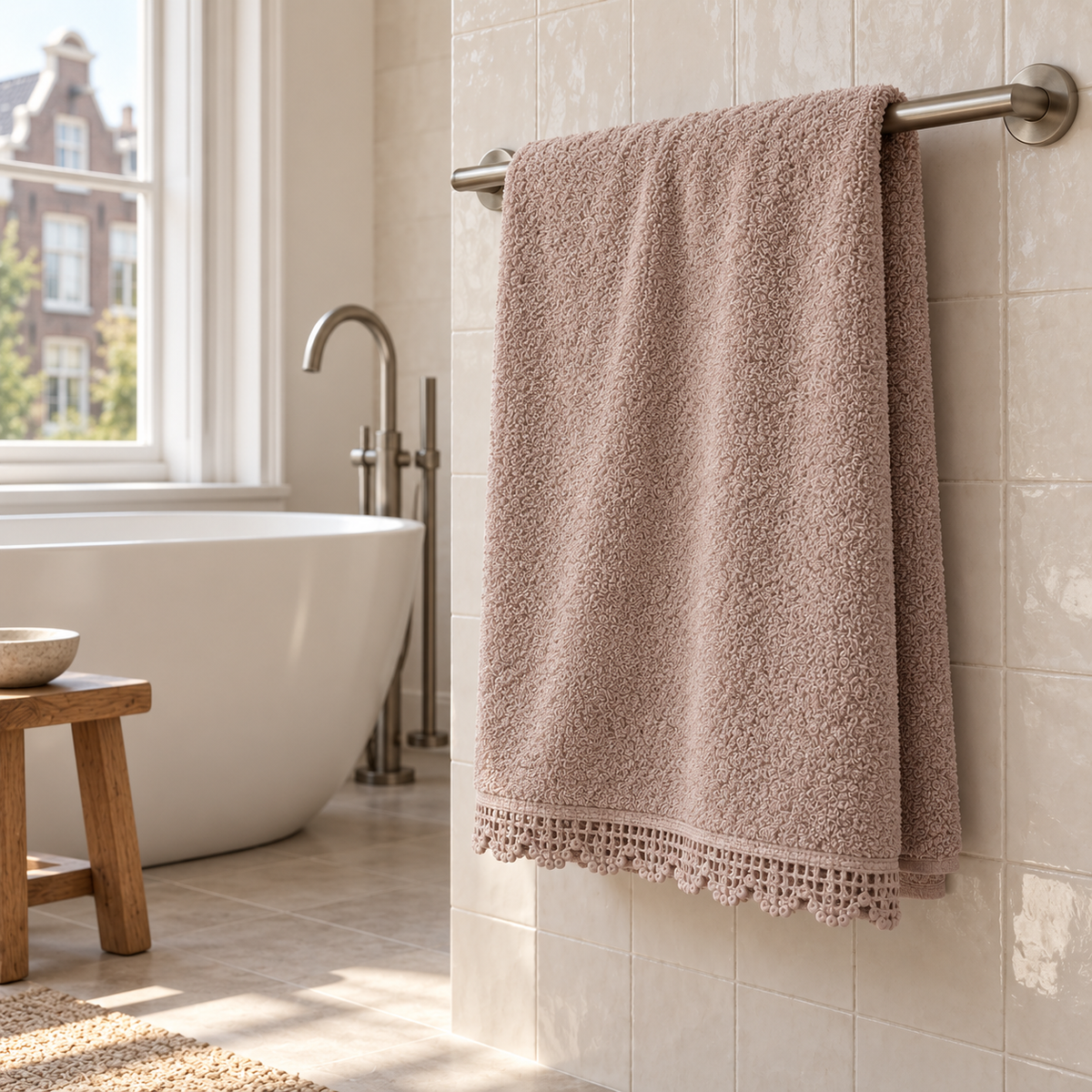 Pavia Home Carnia towel set — Quartz, towel hanging beside a bathtub in an elegant Dutch bathroom