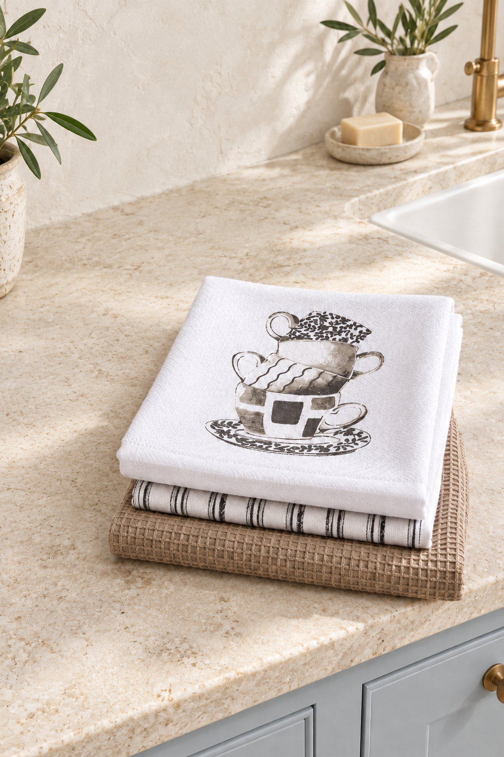 Three KT-11 kitchen towels with stripes, a beige waffle weave and a teacup design.