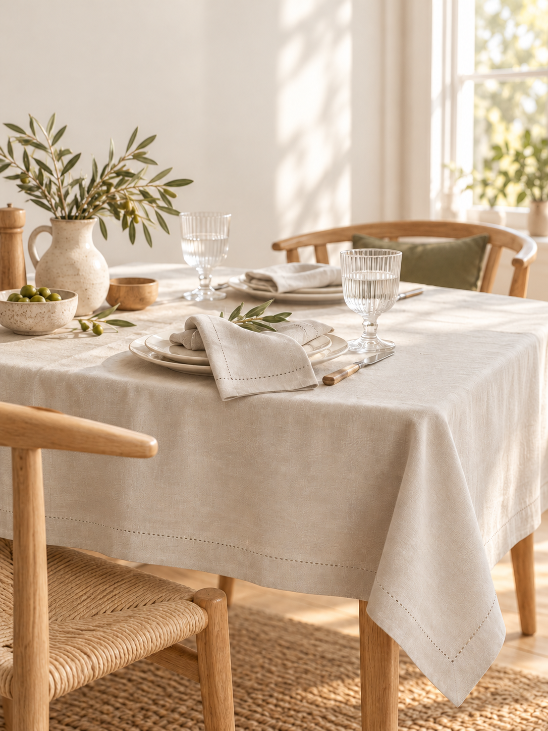 Jolly light beige hemstitched tablecloth and matching napkins on a dining table.