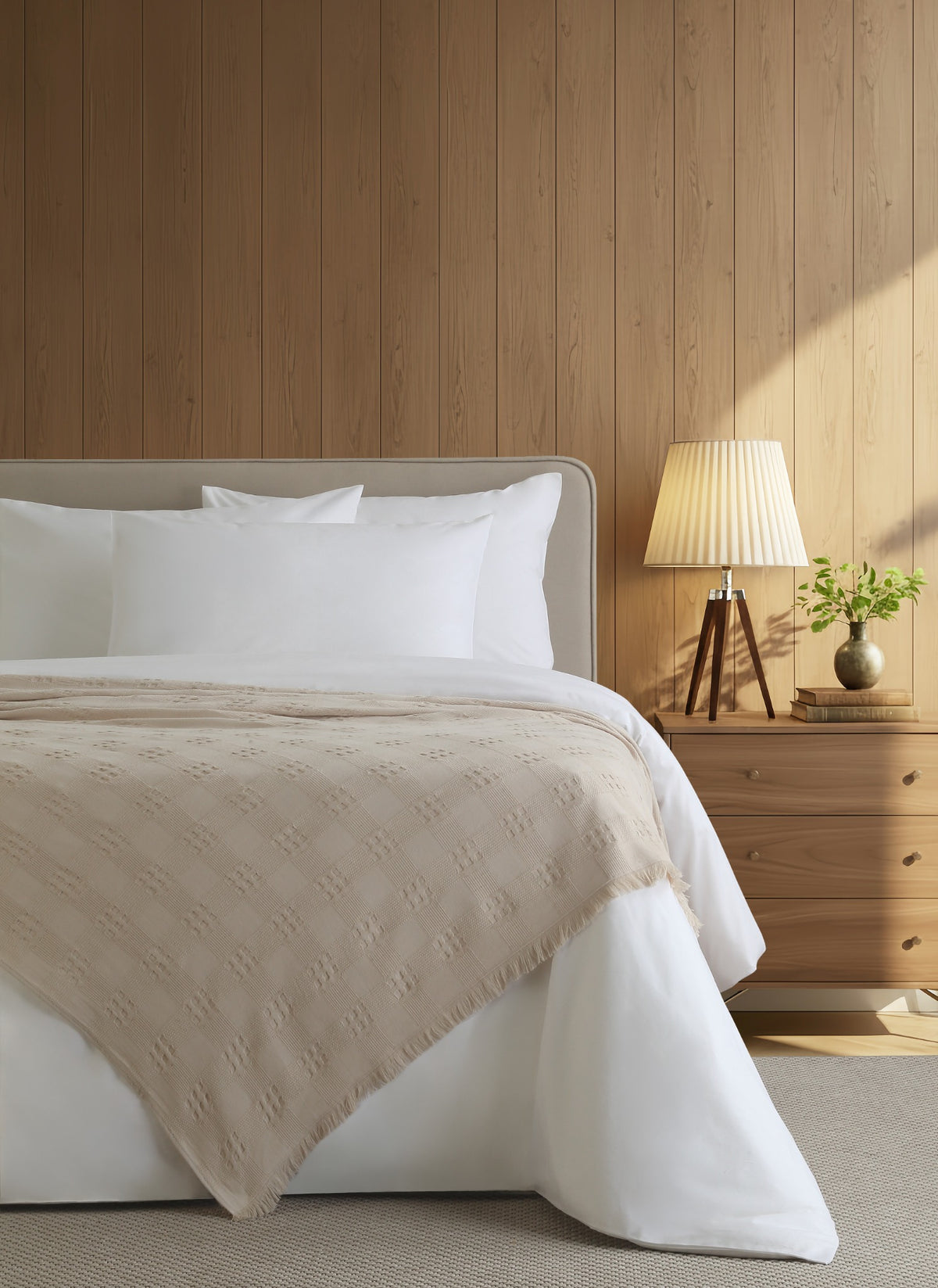 Danna Beige bedspread styled on a bed